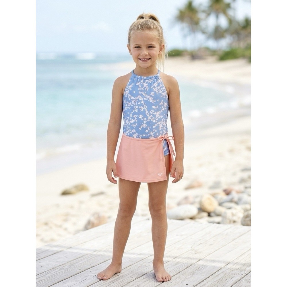 Roxy Girls 2-Piece Swimsuit Set Size 7 Blue Floral Tankini Peach Skirt